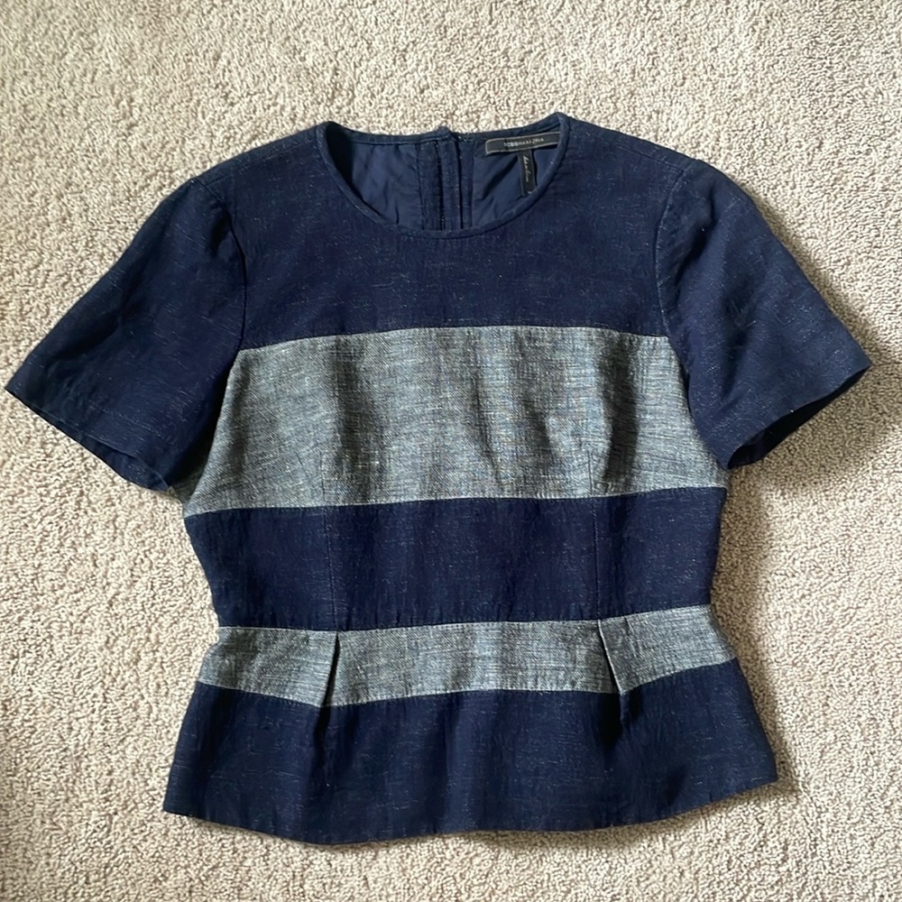 BCBGMAXAZRIA Necole Peplum Top Blue Color Block Cotton Blend Zip Up